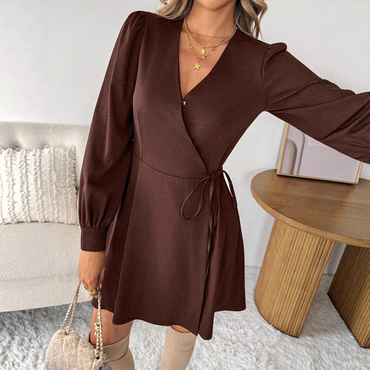 Damen Wickel‑Minikleid mit V‑Ausschnitt, Ballonärmeln und Bindegürtel Shop Nory