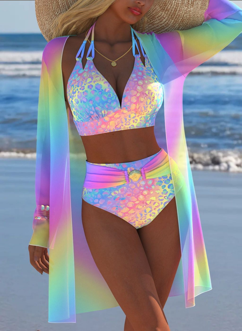 Damen Bikini-Set mit kreativem geometrischen Design und hohem Bund