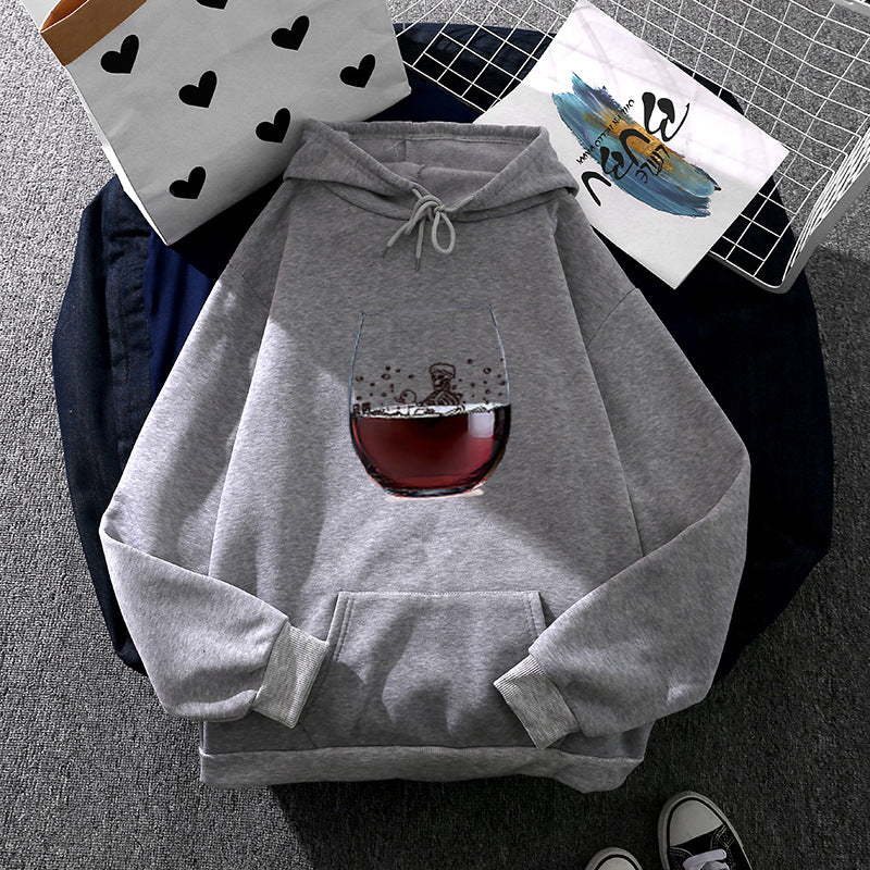 Damen nan lässiger Kapuzenhoodie mit fotorealistischer Weinglas‑Grafik, Kängurutasche und weichem Fleece Shop Nory