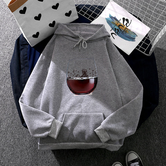 Damen nan lässiger Kapuzenhoodie mit fotorealistischer Weinglas‑Grafik, Kängurutasche und weichem Fleece Shop Nory