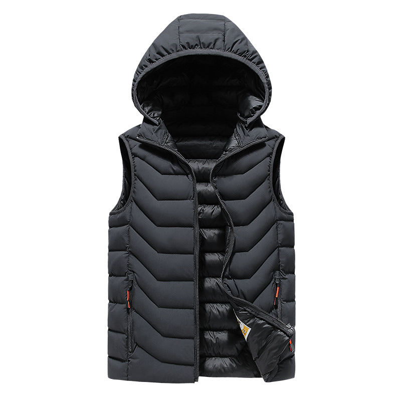 Herren Ärmellose Thermo-Utility‑Weste mit gesteppter Chevron‑Struktur, Kapuze und Zwei‑Wege‑Reißverschluss Shop Nory