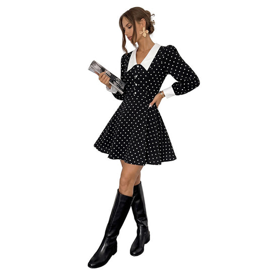 Damen Tailliertes A-Linien Minikleid mit Polka‑Dot, spitzem Kontrastkragen und Manschetten Shop Nory