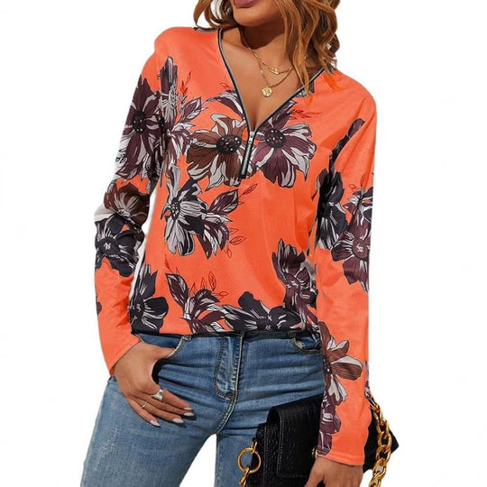 Damen Langarmshirt mit Reißverschluss V-Ausschnitt und großem Blumenmuster Shop Nory