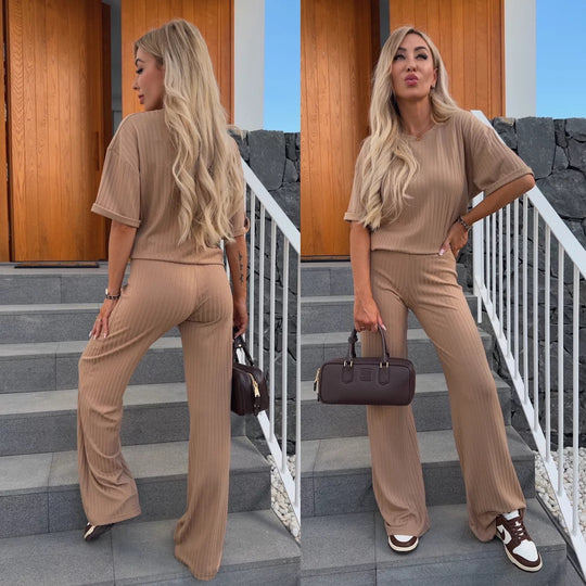 Damen Feines Rippstrick‑Zweiteiler mit Relaxed‑Crewneck und ausgestellter Palazzo‑Hose Shop Nory