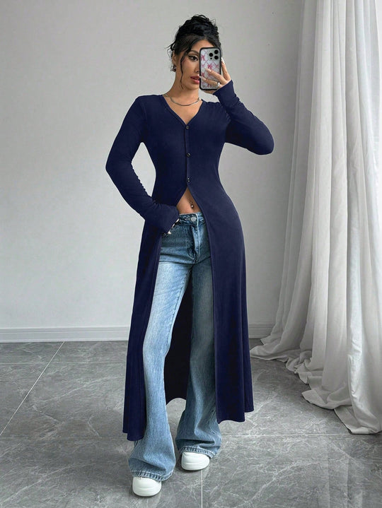 Damen Langstrickjacke mit V-Ausschnitt und Knopfverschluss