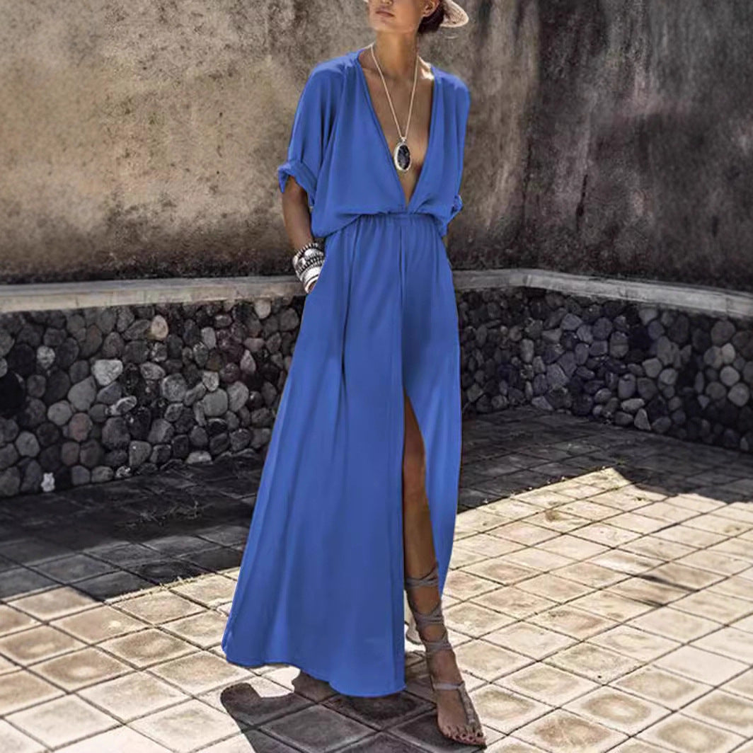 Damen Elegantes Maxikleid mit tiefem V-Ausschnitt und hohem Schlitz