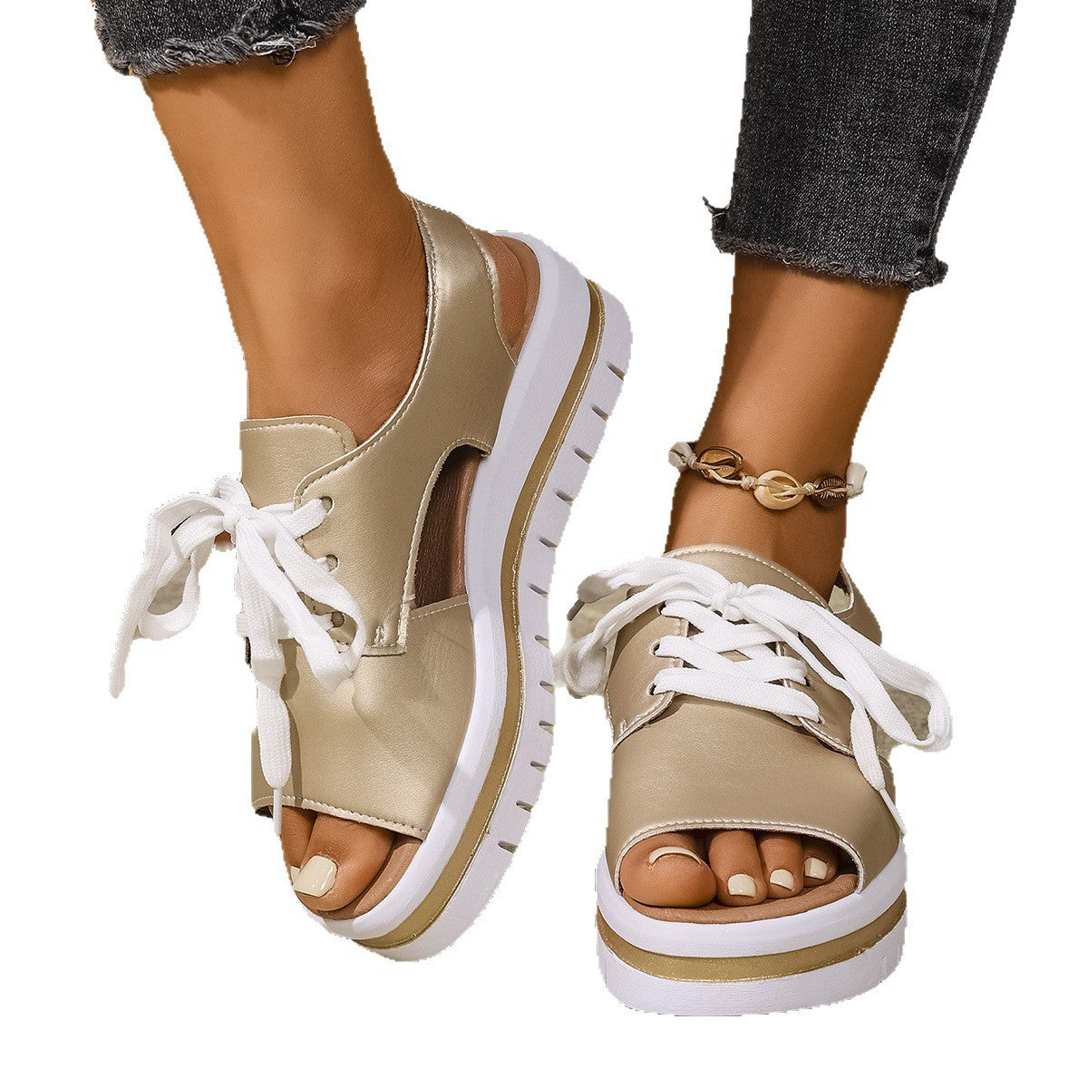Damen Sneaker-Sandaletten mit offener Zehe und praktischen Schnürsenkeln Shopnory