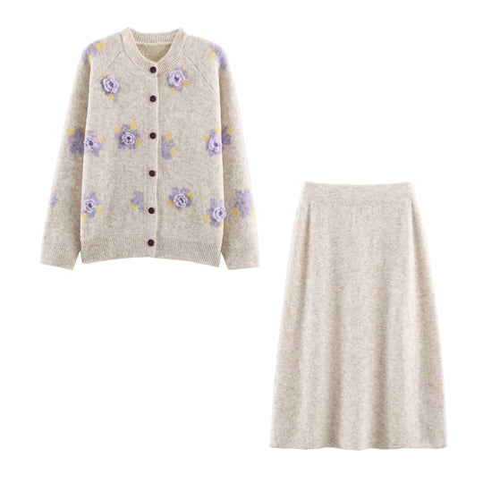Damen Feinstrick-Zweiteiler Cardigan mit Blumen-Jacquard und tailliertem A-Linien Strickrock Shop Nory
