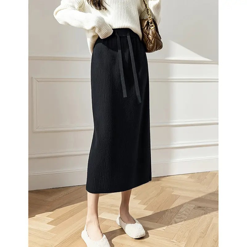 Damen Eleganter Rippstrick-Midirock mit Bindegürtel Shop Nory