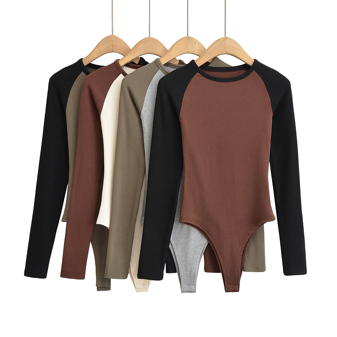 Damen Raglan-Bodysuit mit langen Ärmeln, Rippstruktur und Druckknopfverschluss Shop Nory