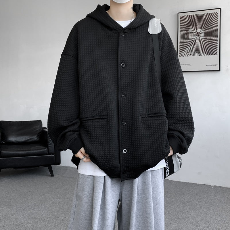 Herren Oversize-Stepp-Kapuzenjacke mit Waffelstruktur, Knopfleiste und Eingrifftaschen Shop Nory
