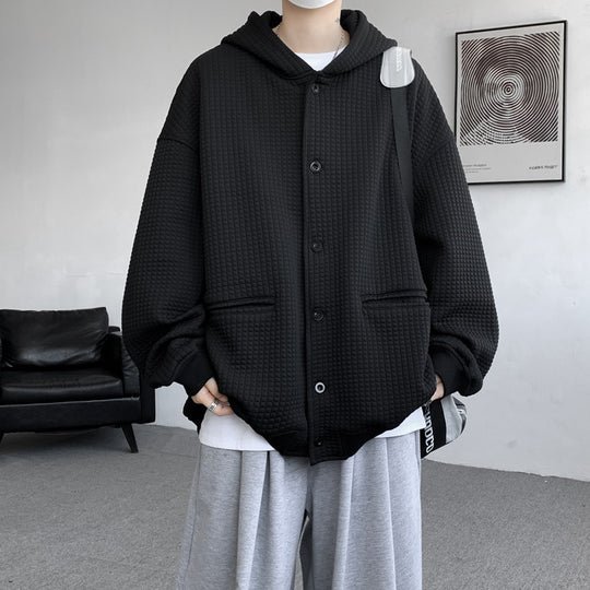Herren Oversize-Stepp-Kapuzenjacke mit Waffelstruktur, Knopfleiste und Eingrifftaschen Shop Nory