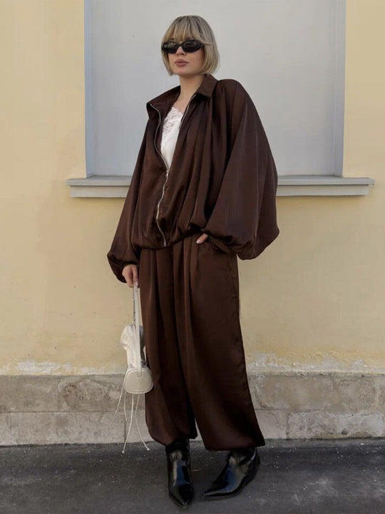 Damen Elegantes Satin-Zweiteiler-Set mit Oversize-Blouson und weiter Palazzo-Hose Shop Nory