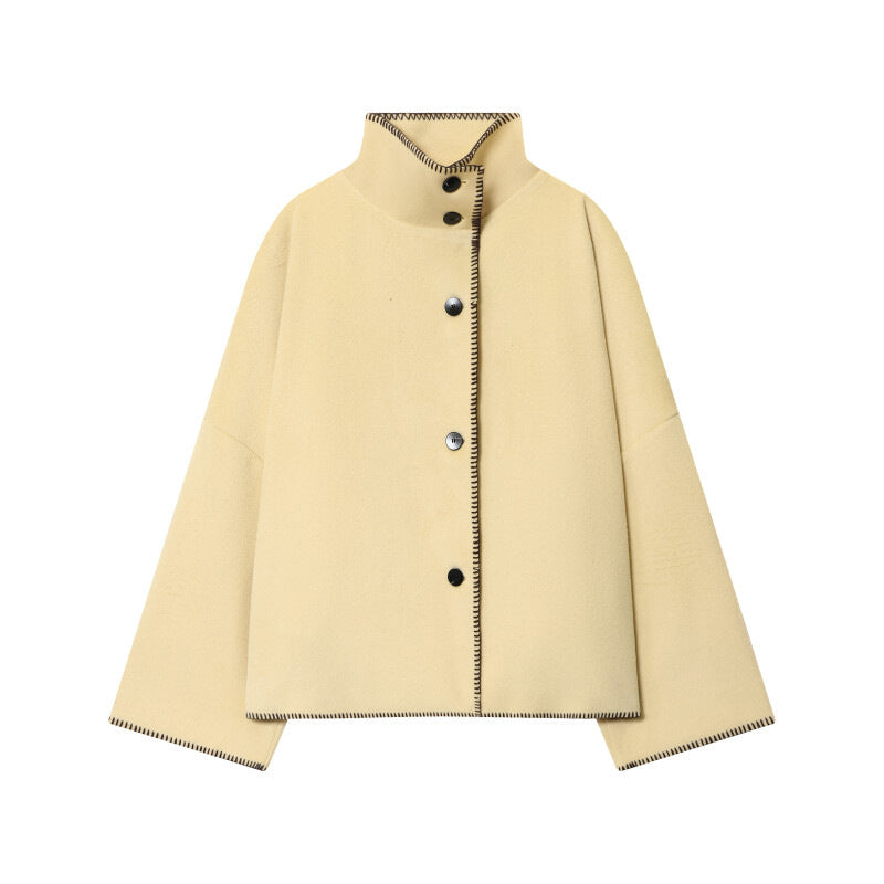 Damen Kurzer Wollcape-Mantel mit Stehkragen, Kontrastnaht und Druckknopfverschluss Shop Nory