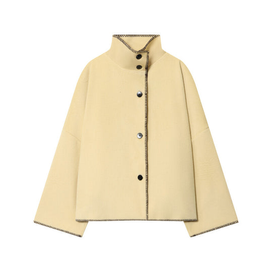Damen Kurzer Wollcape-Mantel mit Stehkragen, Kontrastnaht und Druckknopfverschluss Shop Nory