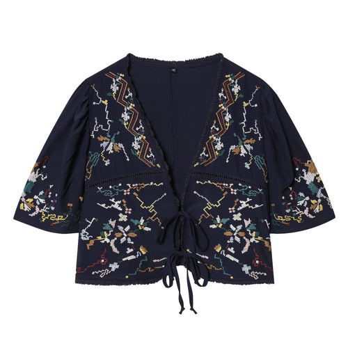 Damen Bestickte Kimono‑Bluse mit Bindebändern und Zierhäkelkante Shop Nory