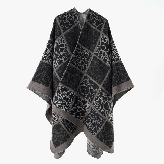 Damen Cape‑Überwurf aus Wollmix mit grafischem Karo‑Jacquard und offener Kimono‑Silhouette Shop Nory