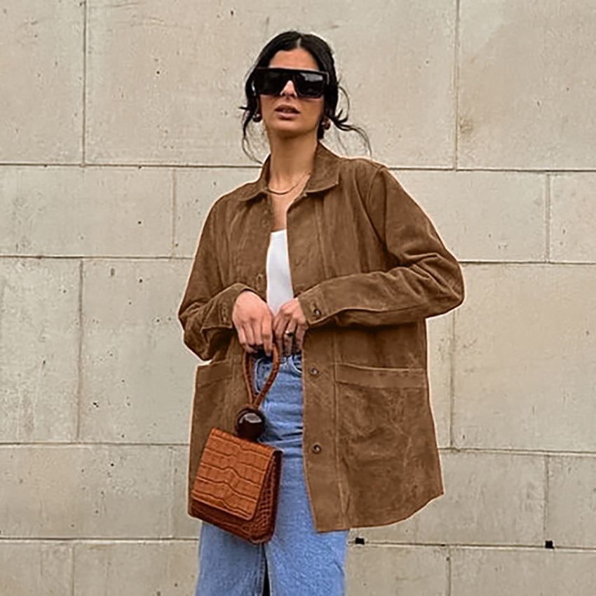Damen Modische Wildlederjacke mit Druckknopfverschluss und praktischen Taschen