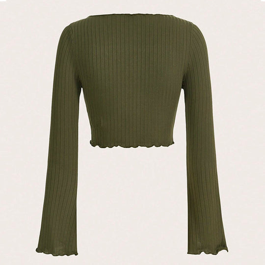 Damen fein geripptes Cropped-Longsleeve mit asymmetrischem Wellensaum und Cut-Out Shop Nory