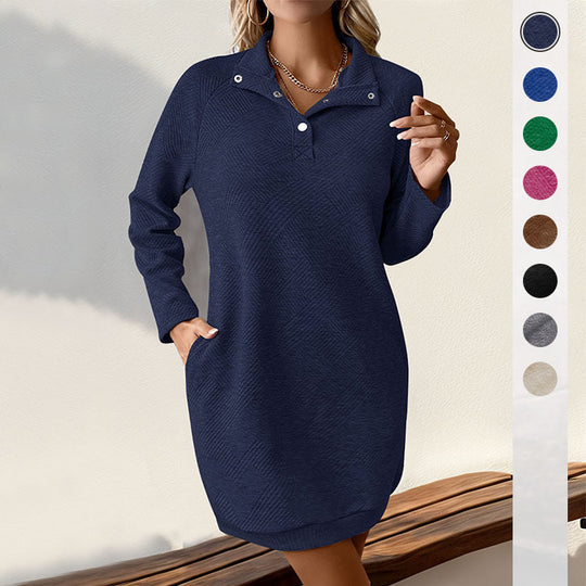 Damen Lässiges Sweatkleid mit Stehkragen, Druckknopfblende und Eingrifftaschen Shop Nory