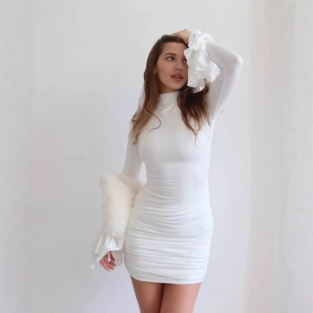 Damen Eng anliegendes Minikleid mit Rüschen-Volantärmeln und geraffter Wickeloptik Shop Nory