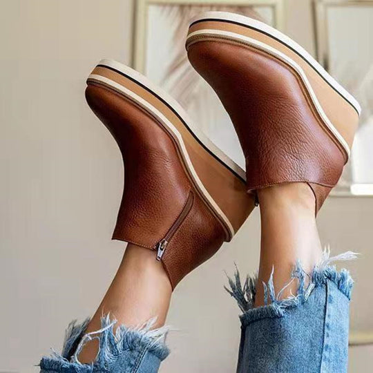 Damen Keil-Ankle-Boots mit Plateau-Blocksohle aus Leder und seitlichem Reißverschluss Shop Nory