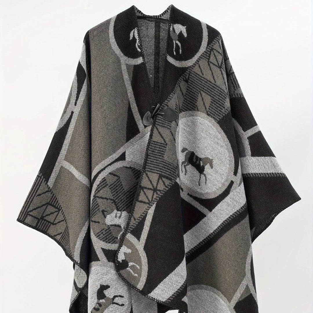 Damen Wollmix-Jacquard-Ruana mit Pferdemotiv, Knebelverschluss und offener Kimono-Silhouette Shop Nory