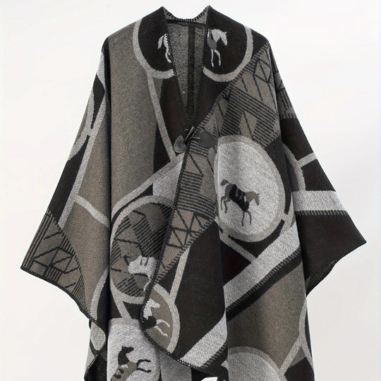 Damen Wollmix-Jacquard-Ruana mit Pferdemotiv, Knebelverschluss und offener Kimono-Silhouette Shop Nory