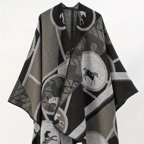 Damen Wollmix-Jacquard-Ruana mit Pferdemotiv, Knebelverschluss und offener Kimono-Silhouette Shop Nory