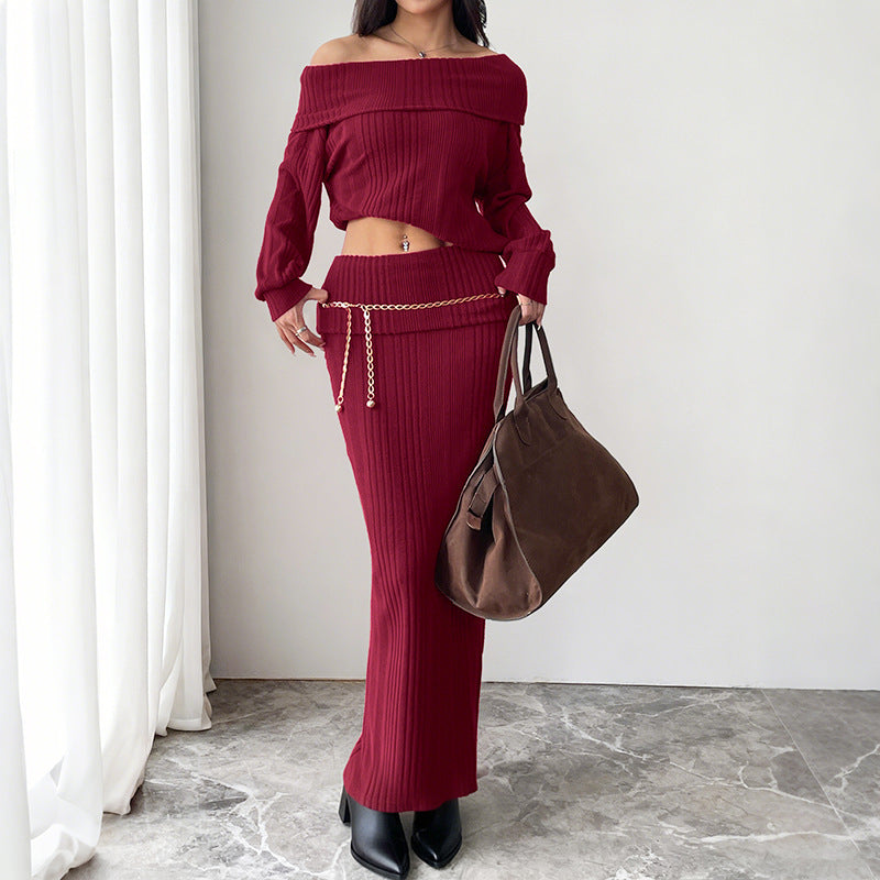 Damen Schulterfreies Rippstrick-Set mit Carmen-Ausschnitt und figurbetontem Maxi-Rock Shop Nory