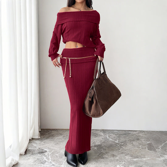 Damen Schulterfreies Rippstrick-Set mit Carmen-Ausschnitt und figurbetontem Maxi-Rock Shop Nory