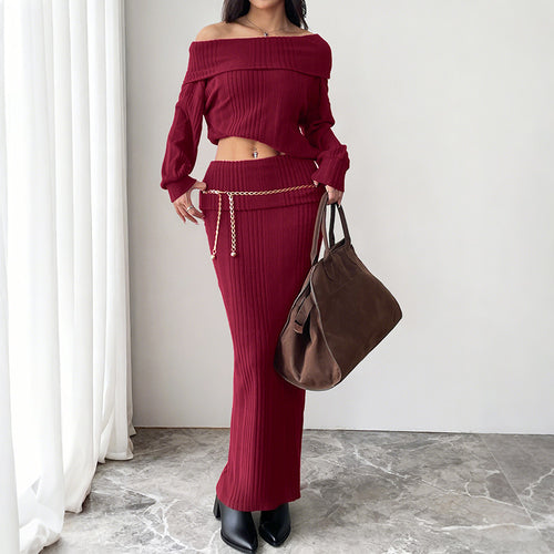 Damen Schulterfreies Rippstrick-Set mit Carmen-Ausschnitt und figurbetontem Maxi-Rock Shop Nory