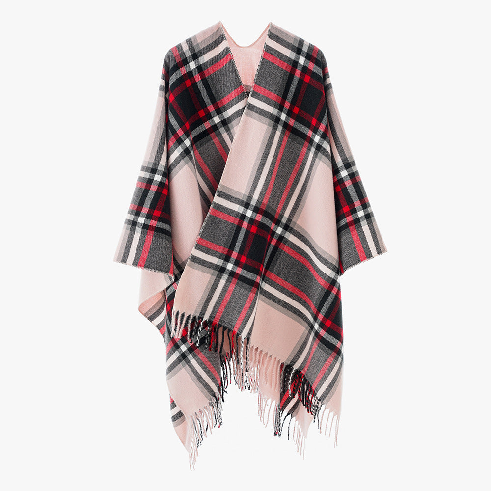 Damen Oversize-Karo-Capeponcho aus Wollmix mit V-Ausschnitt und Fransensaum Shop Nory