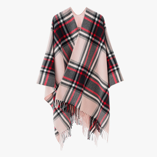 Damen Oversize-Karo-Capeponcho aus Wollmix mit V-Ausschnitt und Fransensaum Shop Nory