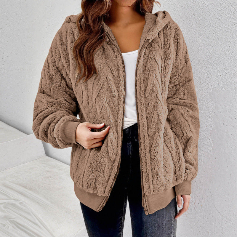 Damen Kapuzen-Teddyjacke mit Reißverschluss, weichem Plüsch und elastischem Bündchen Shop Nory