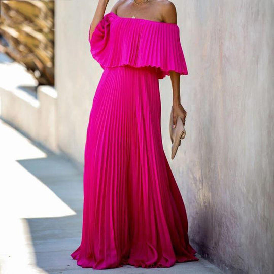 Damen Maxikleid mit asymmetrischem Plisseefall und schulterfreiem Design