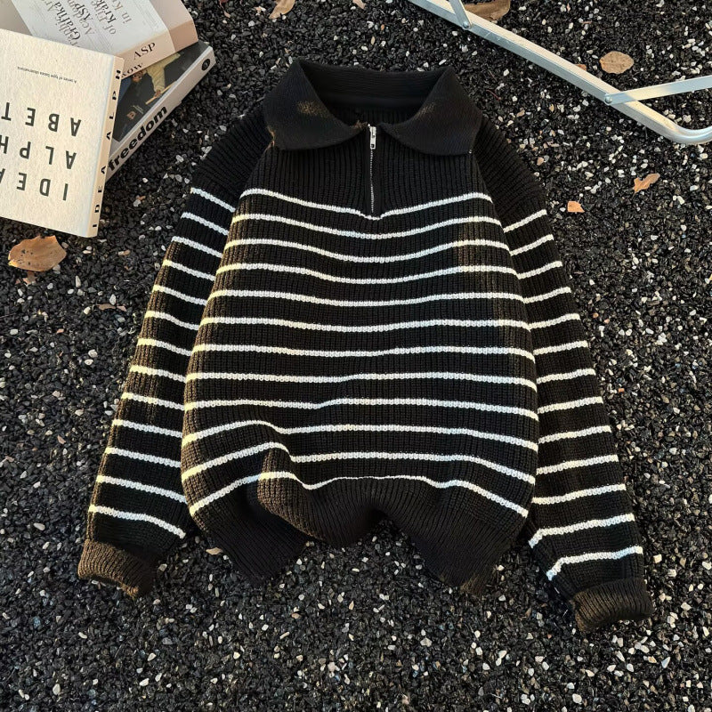 Unisex Grobgestrickter Oversize-Pullover mit halbem Reißverschluss und Polokragen Shop Nory