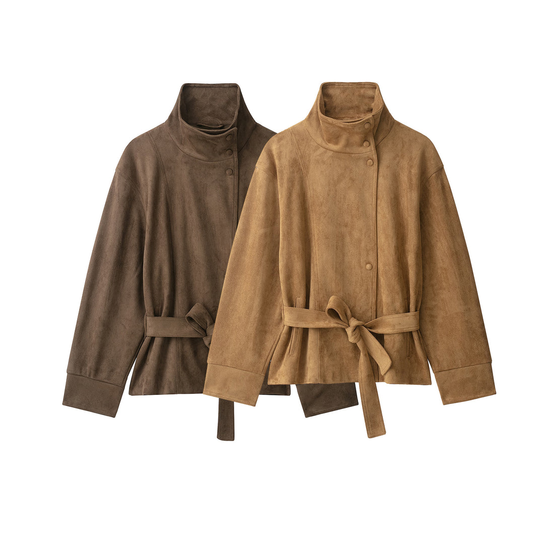 Damen Kurze Velourslederjacke mit hohem Stehkragen und Bindegürtel Shop Nory