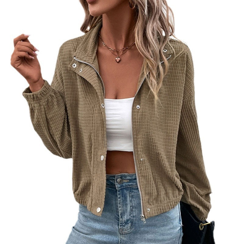 Damen Kurzgeschnittene Waffelstruktur-Übergangsjacke mit Reißverschluss, Stehkragen und elastischen Bündchen Shop Nory