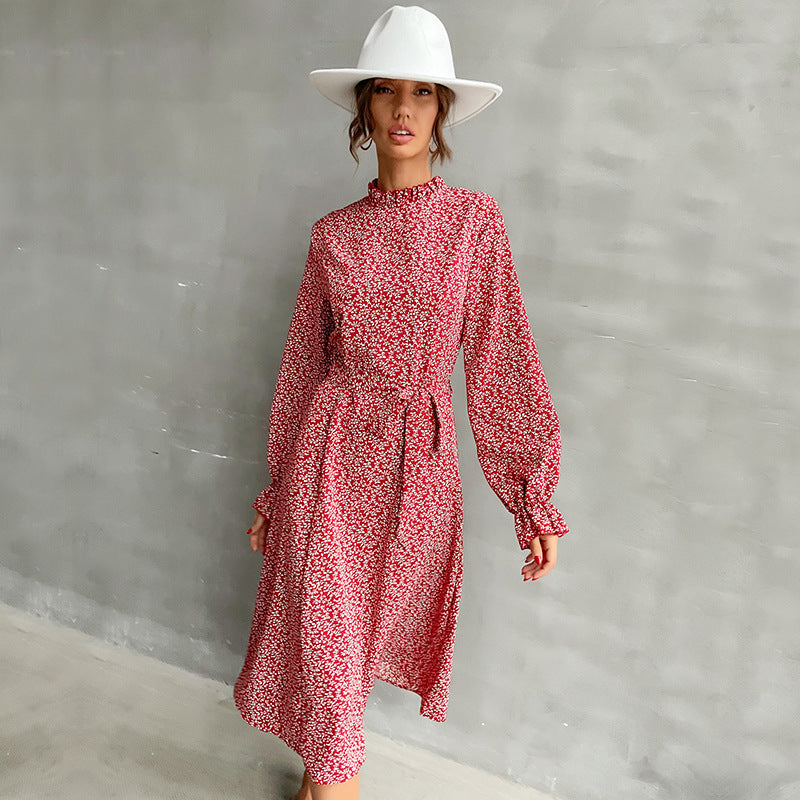Damen Midikleid mit Stehkragen, Taillengürtel und Volantärmeln Shop Nory