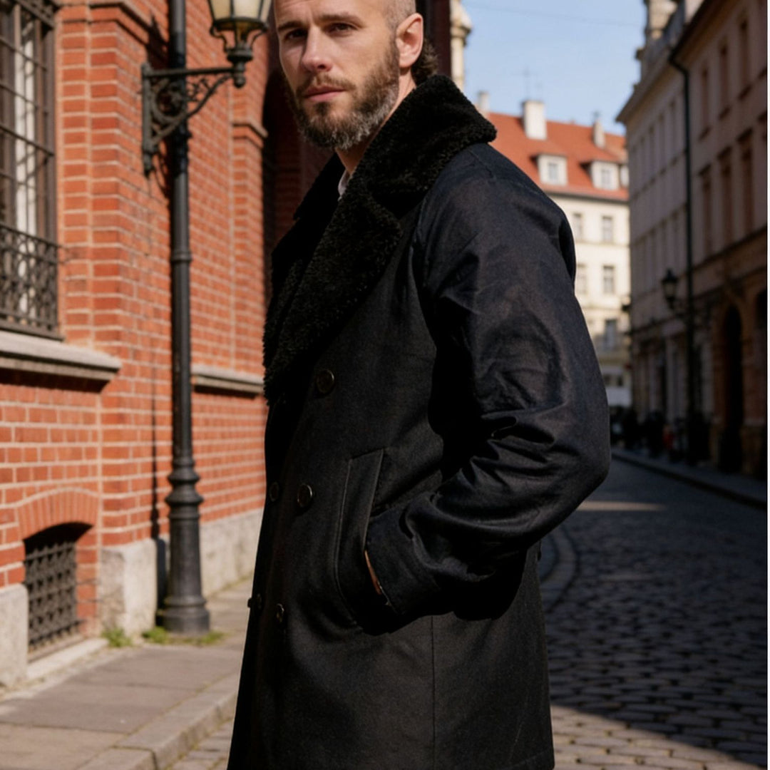 Herren Doppelreihiger Kurzmantel aus Wollmix mit großem Teddykragen Shop Nory