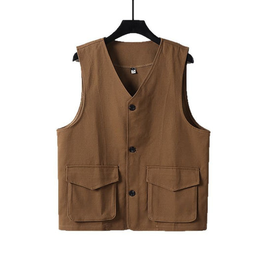 Herren Utility-Weste mit V-Ausschnitt, Knopfleiste und aufgesetzten Klappentaschen Shop Nory