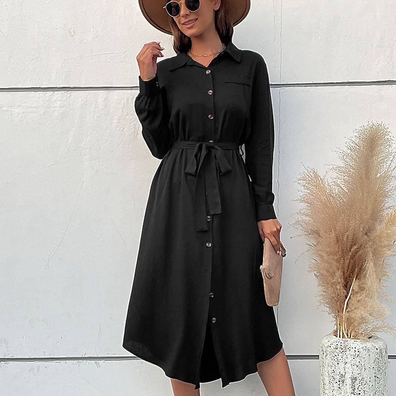 Damen Midikleid im Hemdblusenstil mit durchgehender Knopfleiste, Taillenbindegürtel und langen Ärmeln Shop Nory