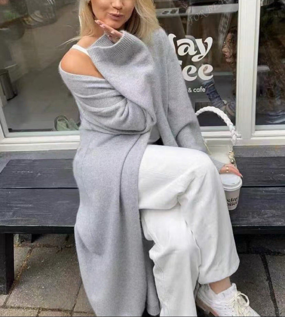 Damen Langer offener Strickmantel-Cardigan mit schulterfreiem Oversize-Schnitt und Kaschmir-Touch Shop Nory