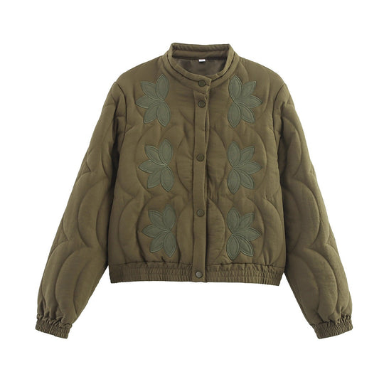 Damen Kurz geschnittene gesteppte Jacke mit Blumenapplikation und Stehkragen Shop Nory