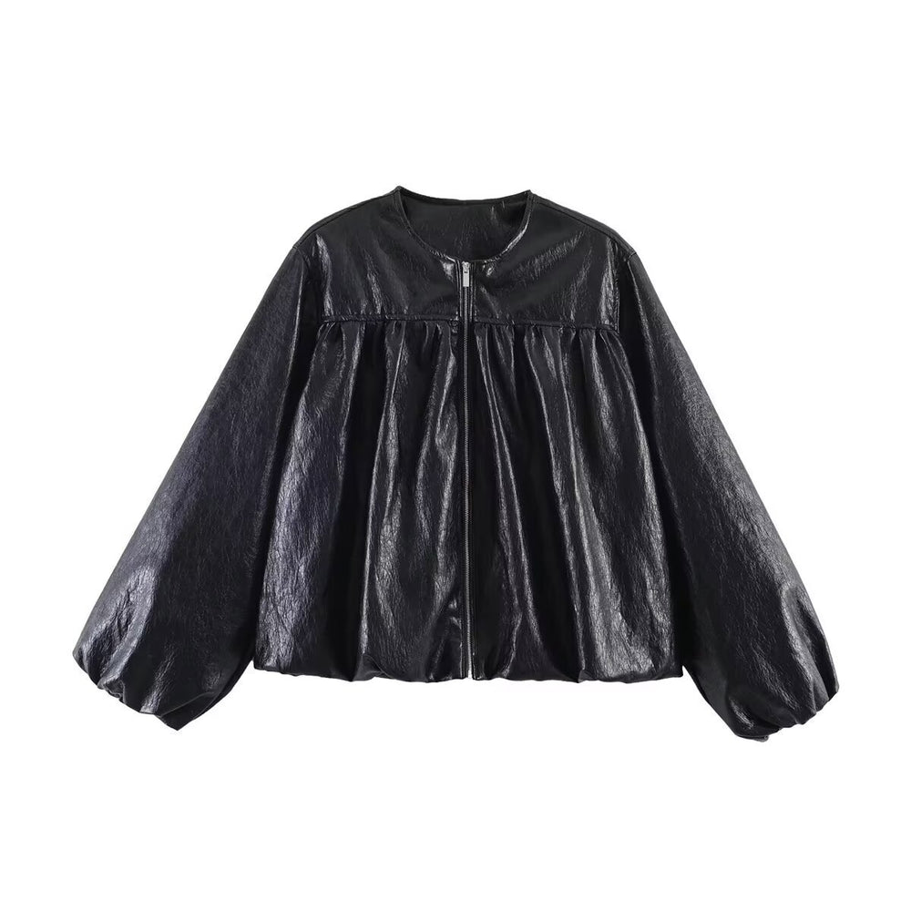 Damen Kurzjacke mit gerafftem Vorderteil, Ballonärmeln und Reißverschluss Shop Nory