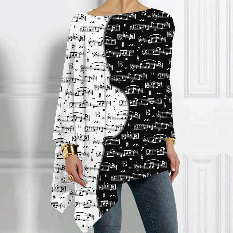 Damen Asymmetrisches Musikprint-Longsleeve mit Klavier- und Notenmotiv Shop Nory