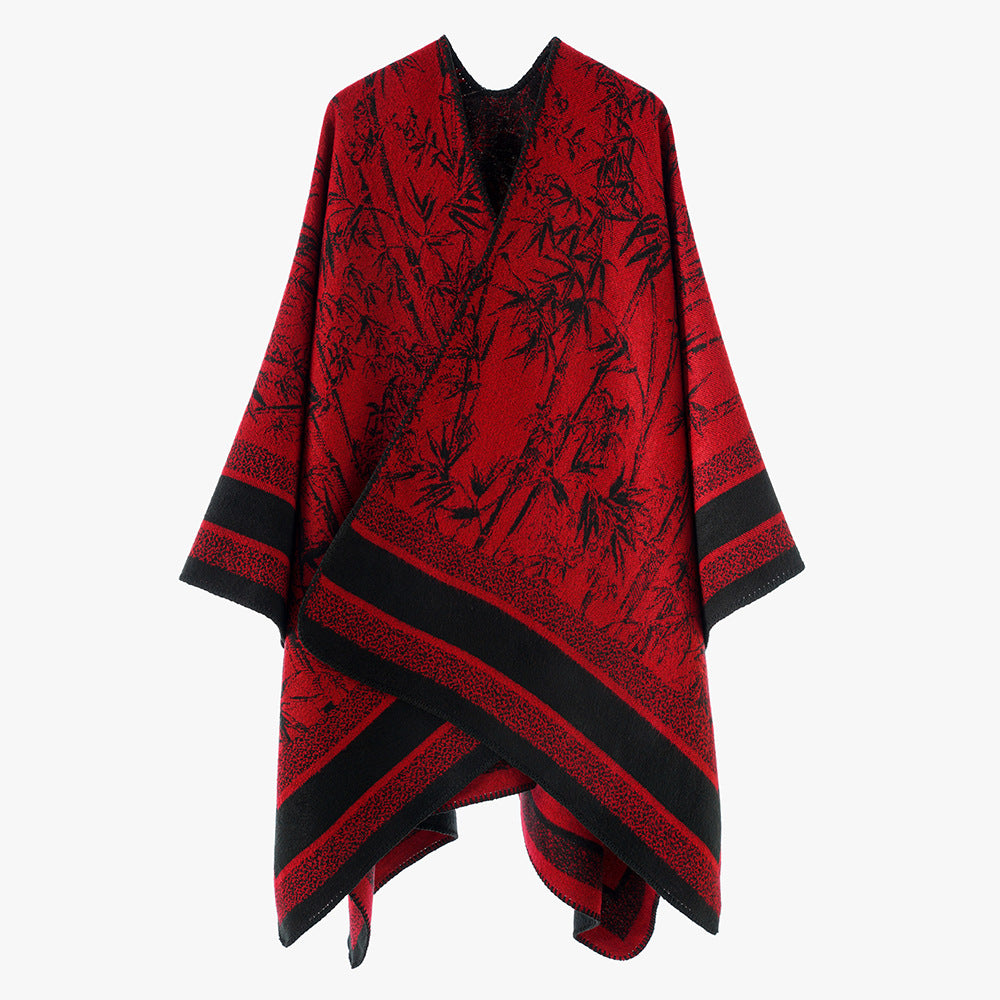 Damen Jacquard‑Poncho im Cape‑Stil mit Bambusmotiv und offener Vorderseite Shop Nory