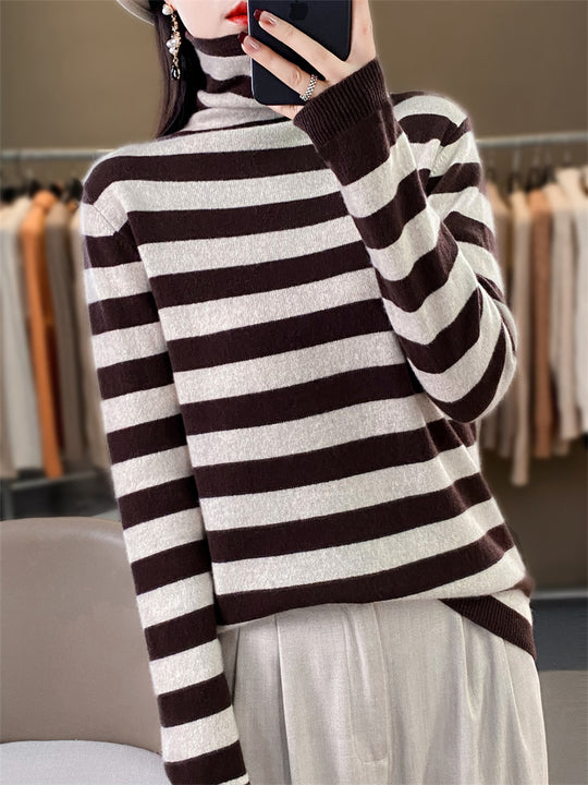Damen Lässiger gestreifter Rollkragenpullover aus Wollmix mit legerer Passform Shop Nory