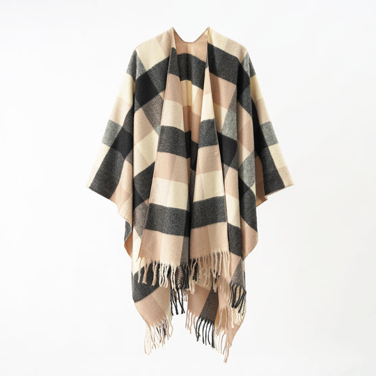 Damen Oversize-Wrapponcho aus Wollmix mit grafischem Rautenmuster und Fransensaum Shop Nory